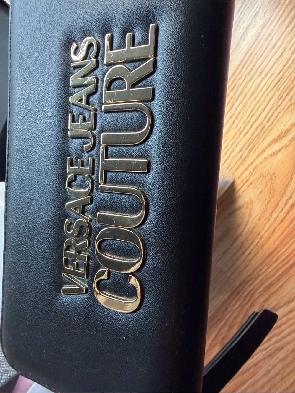 Versace Jeans Collection Black Leather Clutch with Gold Logo